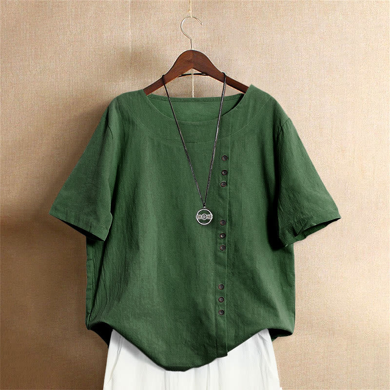 T-shirt décontracté à manches courtes pour femme Foviel, col rond, boutons et jacquard couleur unie, été
