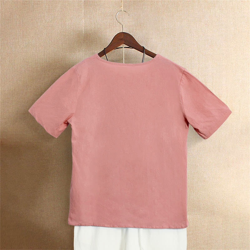 T-shirt décontracté à manches courtes pour femme Foviel, col rond, boutons et jacquard couleur unie, été