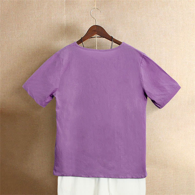 T-shirt décontracté à manches courtes pour femme Foviel, col rond, boutons et jacquard couleur unie, été