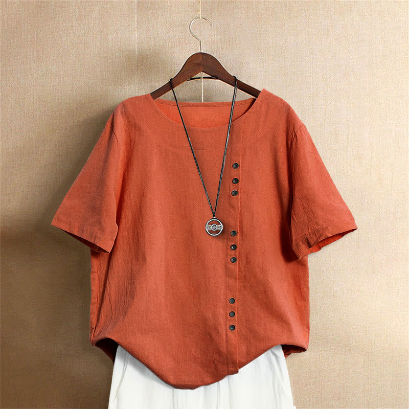 T-shirt décontracté à manches courtes pour femme Foviel, col rond, boutons et jacquard couleur unie, été