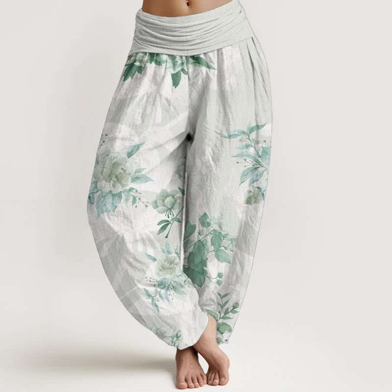 Buddha Stones Pure Cotton Flowers White Leaves Women's Elastic Waist Harem Pants - Honeydew - US22,UK/AU26,EU54 (6XL) - image 5