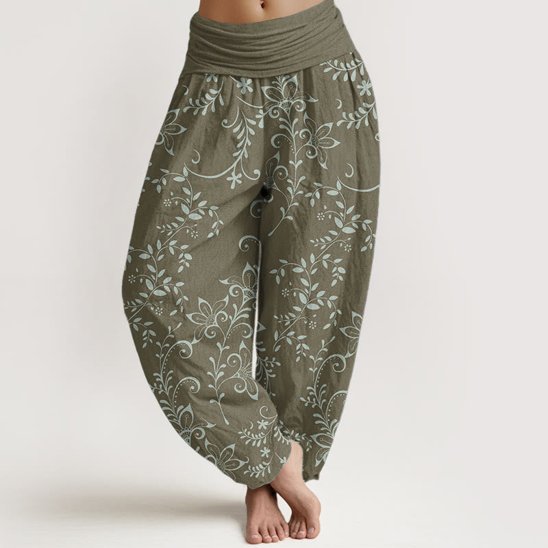 Buddha Stones Pure Cotton Casual Flowers Vine Design Women's Elastic Waist Harem Pants - Olive - US22,UK/AU26,EU54 (6XL) - image 5