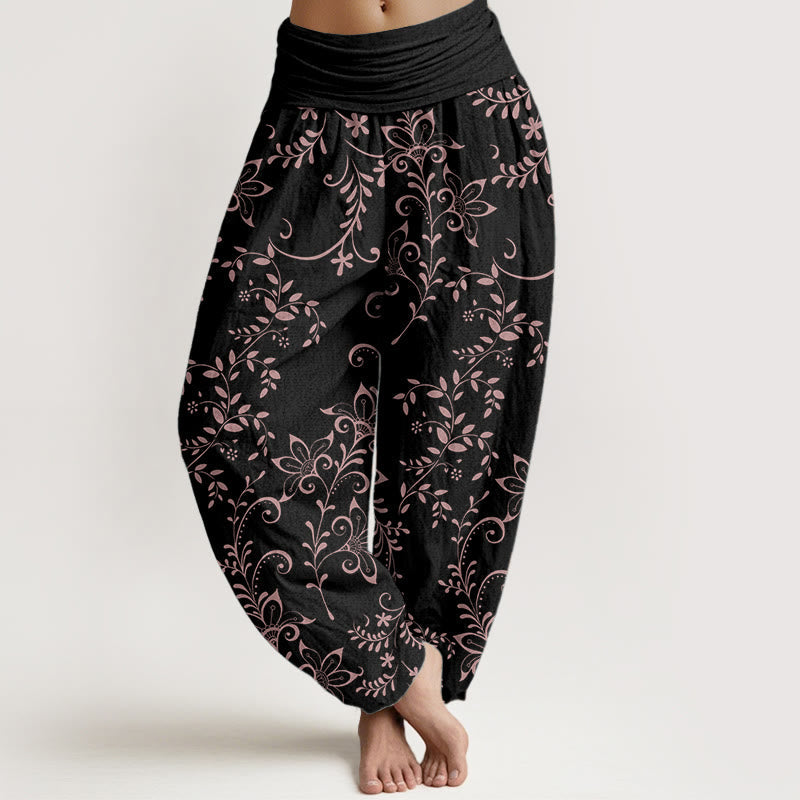 Buddha Stones Pure Cotton Casual Flowers Vine Design Women's Elastic Waist Harem Pants - Black - US22,UK/AU26,EU54 (6XL) - image 8