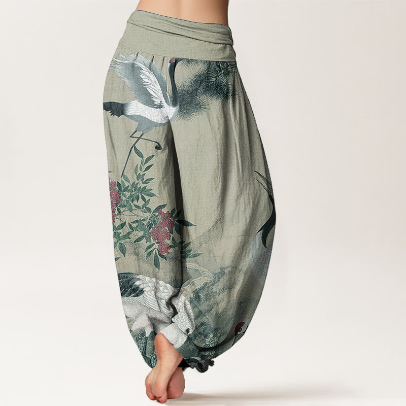 Buddha Stones Pure Cotton Casual Red-crowned Crane Pine Tree Mountain Women's Elastic Waist Harem Pants - image 6