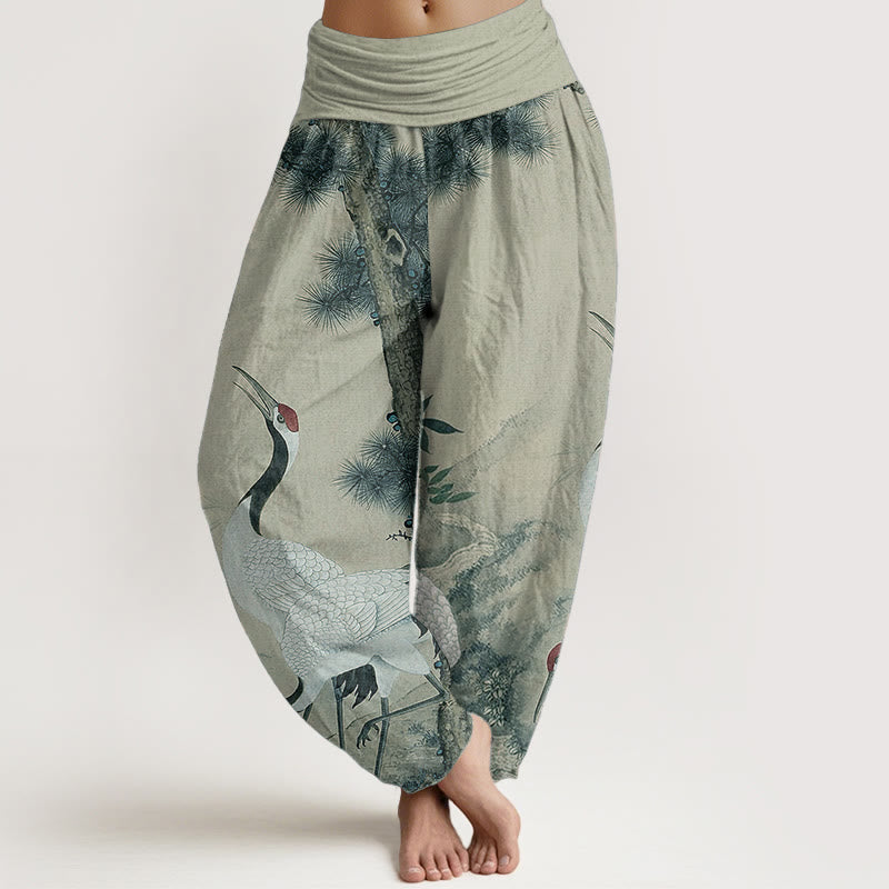 Buddha Stones Pure Cotton Casual Red-crowned Crane Pine Tree Mountain Women's Elastic Waist Harem Pants - DarkSeaGreen - US22,UK/AU26,EU54 (6XL) - image 5