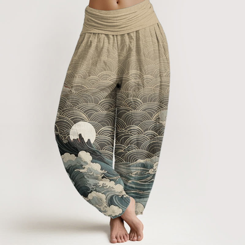 Buddha Stones Pure Cotton Casual Wave Moon Mountain Pattern Women's Elastic Waist Harem Pants - Wheat - US22,UK/AU26,EU54 (6XL) - image 8