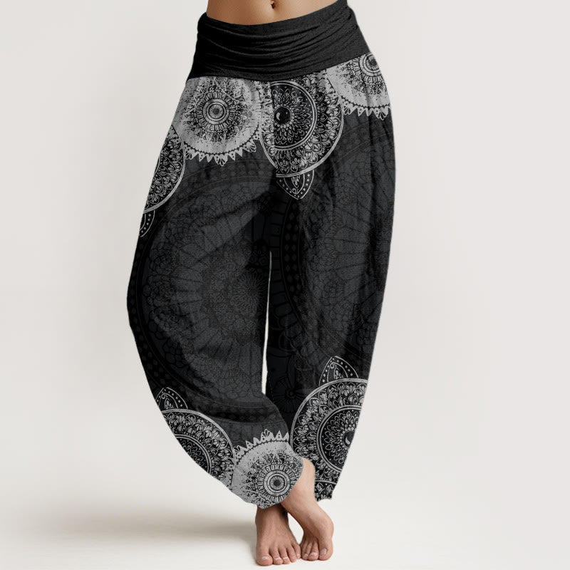 Buddha Stones Pure Cotton Circular Mandala Design Women's Elastic Waist Harem Pants - Black - US22,UK/AU26,EU54 (6XL) - image 0
