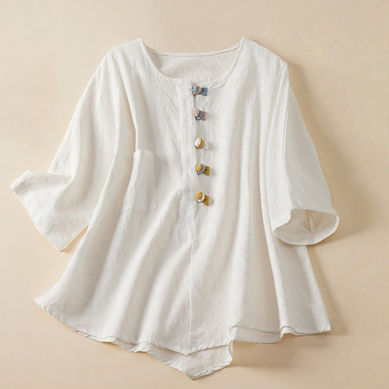 Buddha Stones Casual Flower Colorful Frog Button Half Sleeve Women's Shirt - White - US8-10,UK/AU12-14,EU40-42 (2XL) - image 14