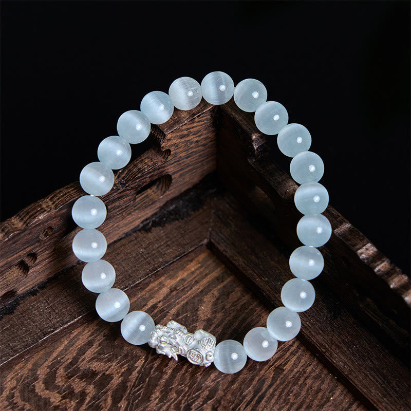 Bracelet Pixiu en argent sterling 990 et perles d'œil de chat naturel Foviel