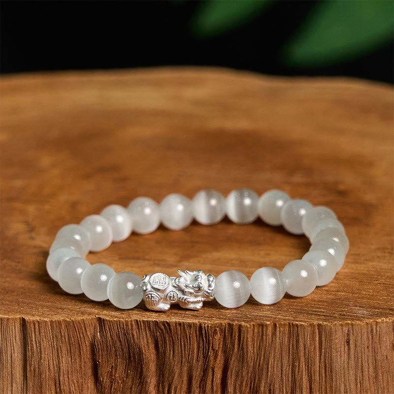 Bracelet Pixiu en argent sterling 990 et perles d'œil de chat naturel Foviel