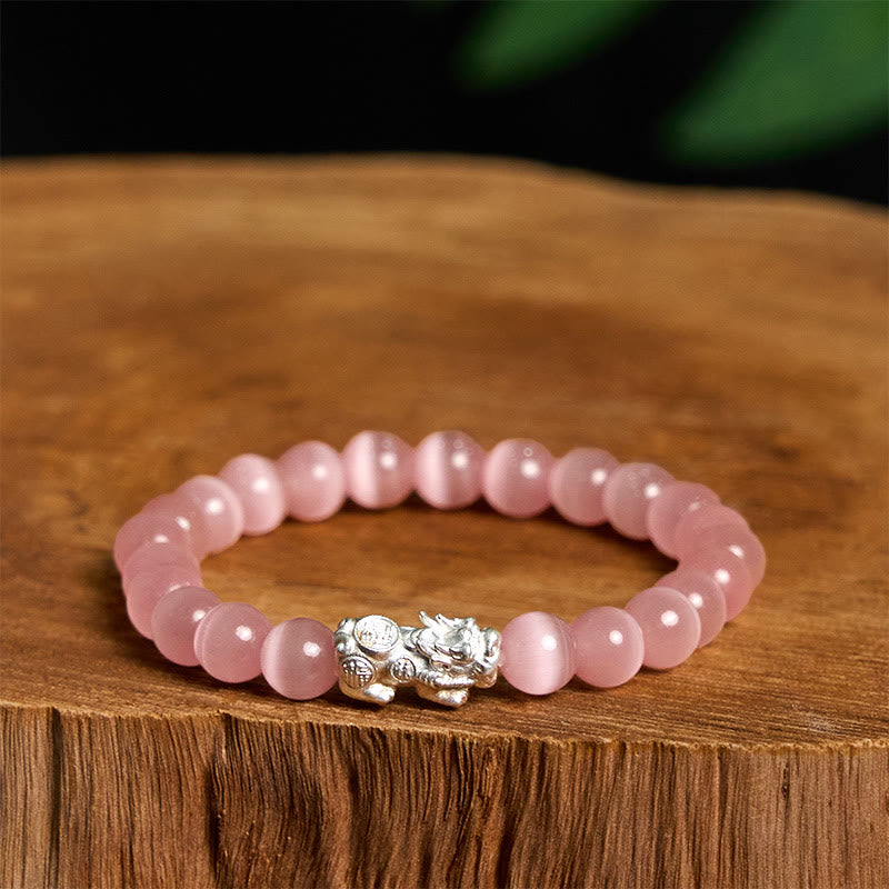 Foviel Natürliche Katze Auge Perlen 990 Sterling Silber Pixiu Positives Armband