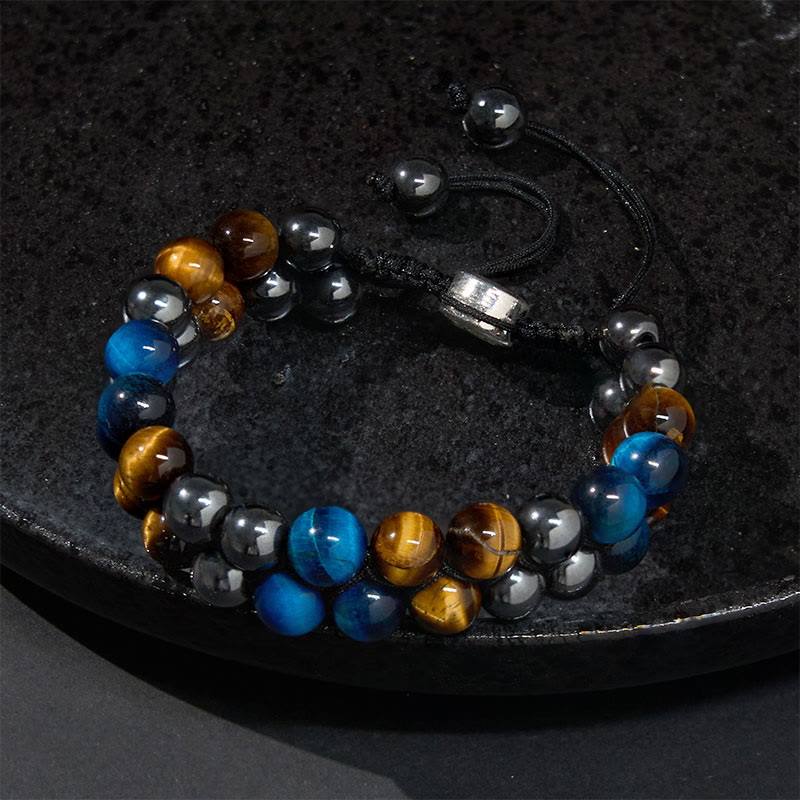 Foviel Natural Blue Tiger Eye Black Magnetite Om Pattern Double Row Beads Strength Bracelet