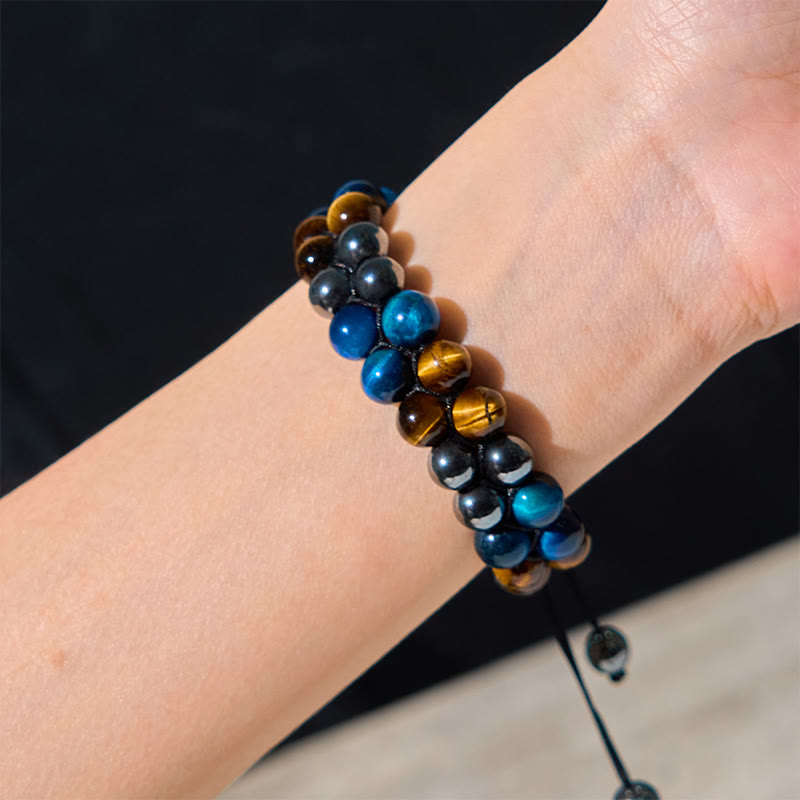 Foviel Natural Blue Tiger Eye Black Magnetite Om Pattern Double Row Beads Strength Bracelet