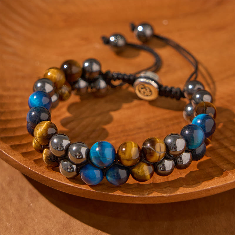 Foviel Natural Blue Tiger Eye Black Magnetite Om Pattern Double Row Beads Strength Bracelet