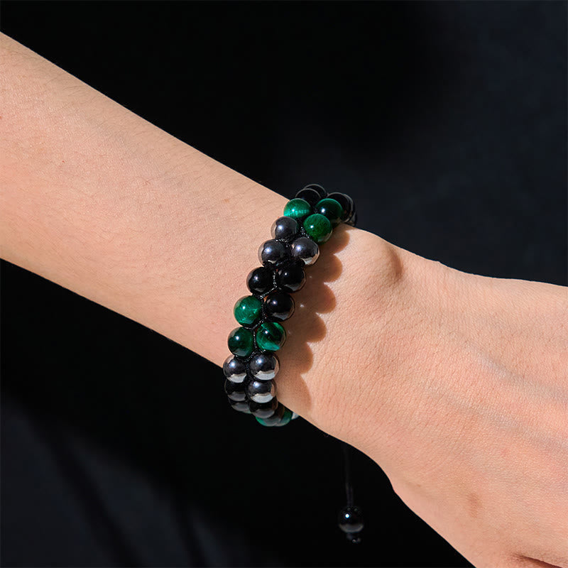 Foviel Natural Green Tiger Eye Black Magnetite Black Obsidian Double Row Beads Positive Bracelet