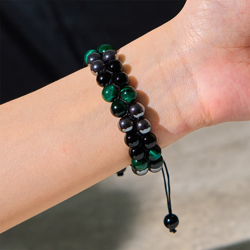 Foviel Natural Green Tiger Eye Black Magnetite Black Obsidian Double Row Beads Positive Bracelet