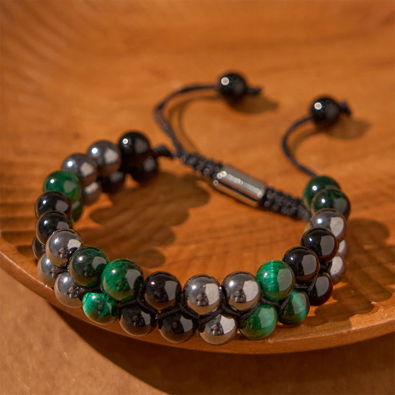 Foviel Natural Green Tiger Eye Black Magnetite Black Obsidian Double Row Beads Positive Bracelet