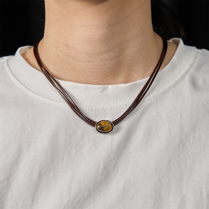 Pendentif collier Foviel en forme d'ellipse en œil-de-tigre naturel avec cordon ciré de protection