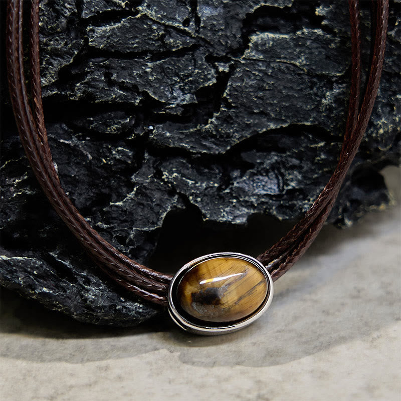 Pendentif collier Foviel en forme d'ellipse en œil-de-tigre naturel avec cordon ciré de protection