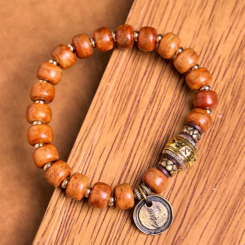 Foviel Natural Tibetan Camel Bone Barrel Beads OM Sanskrit Luck Protection Bracelet