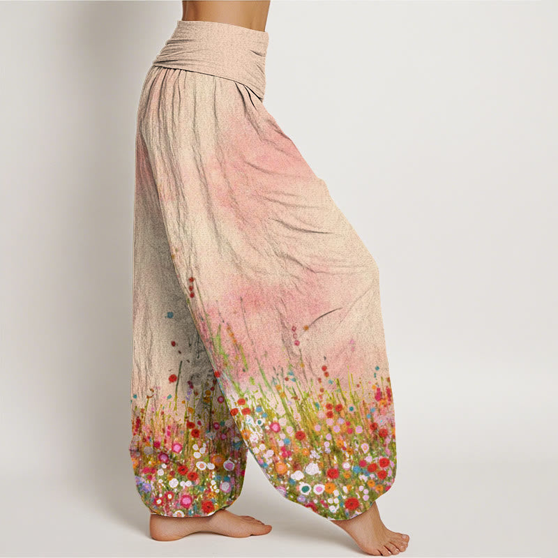 Buddha Stones Casual Colorful Wildflower Field Pattern Women's Elastic Waist Harem Pants - image 3