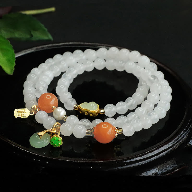 Bracelet porte-bonheur Foviel en jade blanc naturel à plusieurs rangs avec boucle de paix en forme de gourde et caractère Fu