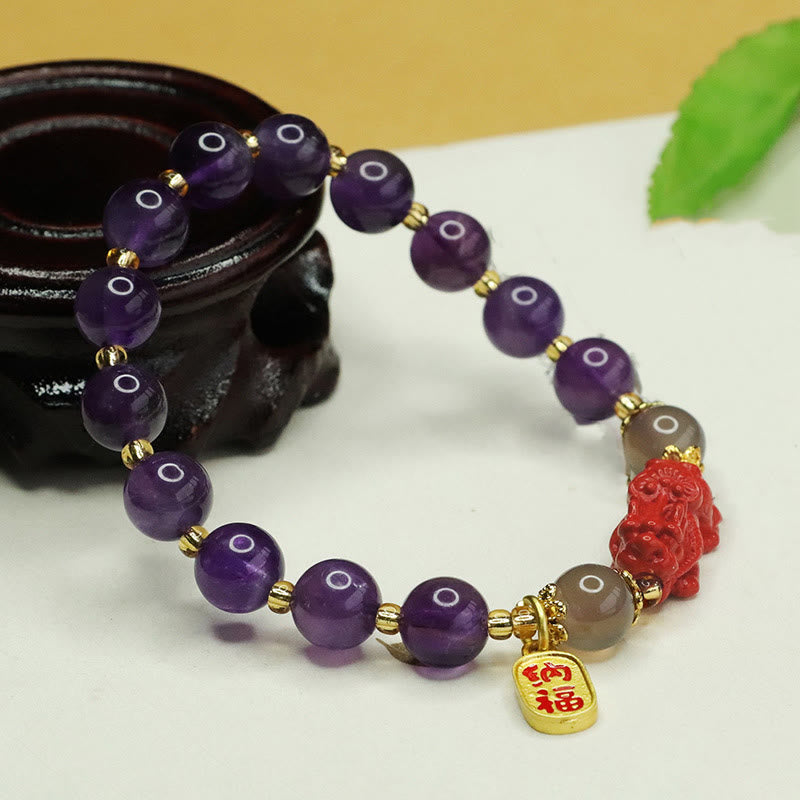 Foviel Natürlicher Amethyst Zinnober Pi Xiu Fu Zeichen Balance Armband