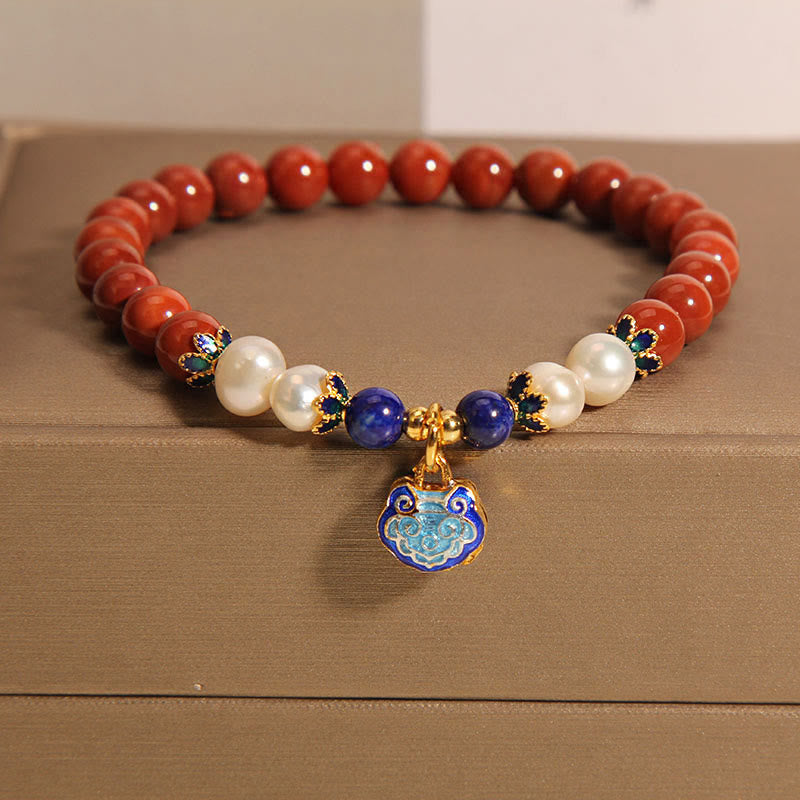 Foviel Natural South Red Agate Pearl Peace Lock Charm Positive Bracelet