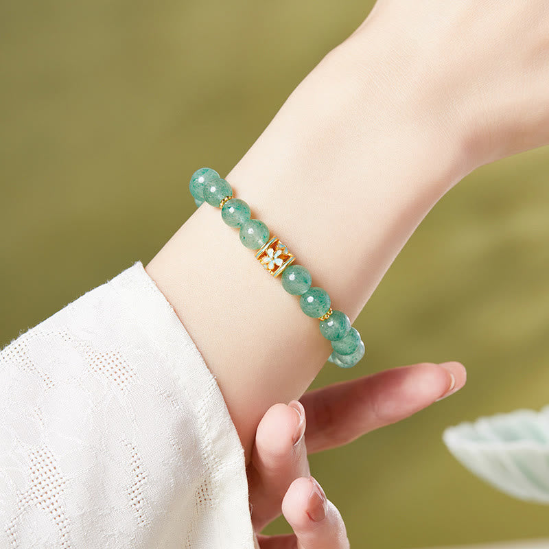 Foviel 925 Sterling Silber Grün Erdbeerquarz Blume Beruhigen Armband