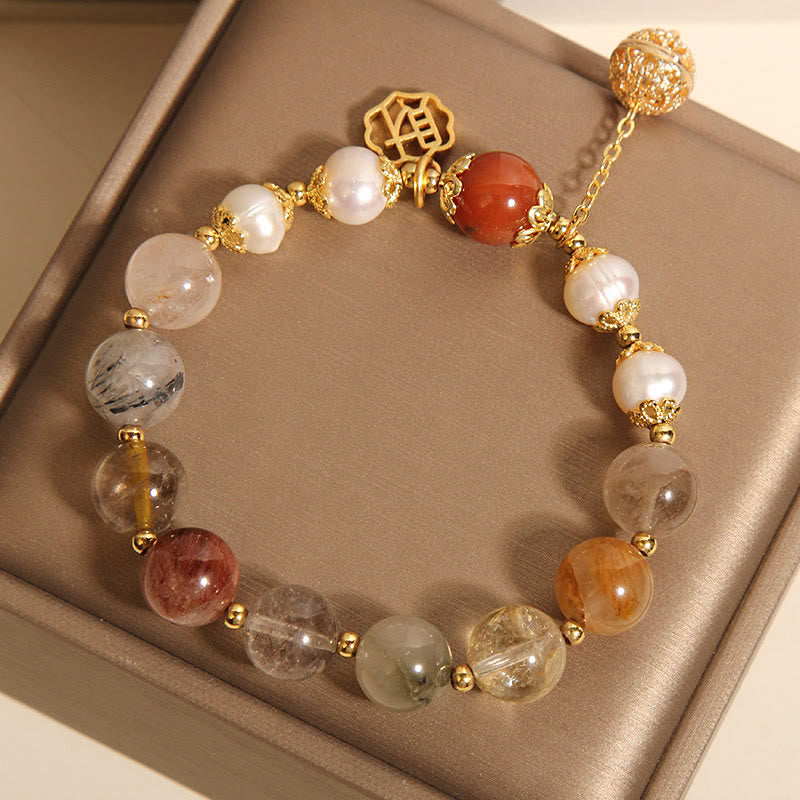 Foviel Natural Rutilated Quartz Pearl Attract Fortune Wealth Bracelet