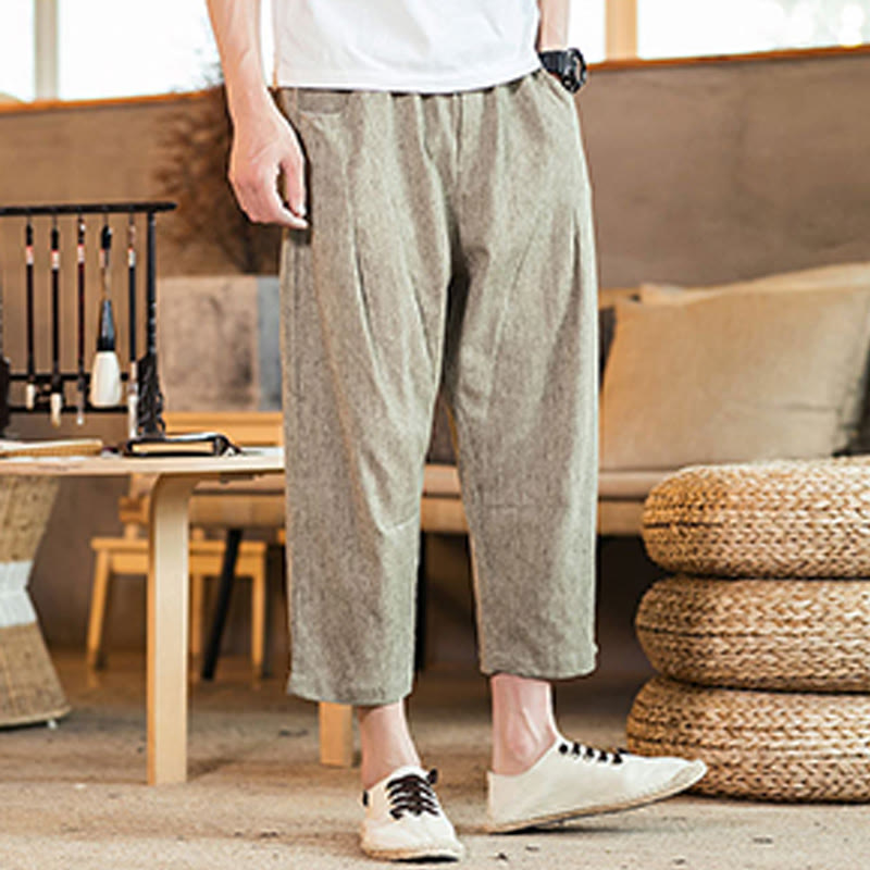 Foviel Casual einfarbig Color Zugband Herren elastisches Taillenband Baumwolle Leinenhosen mit Taschen
