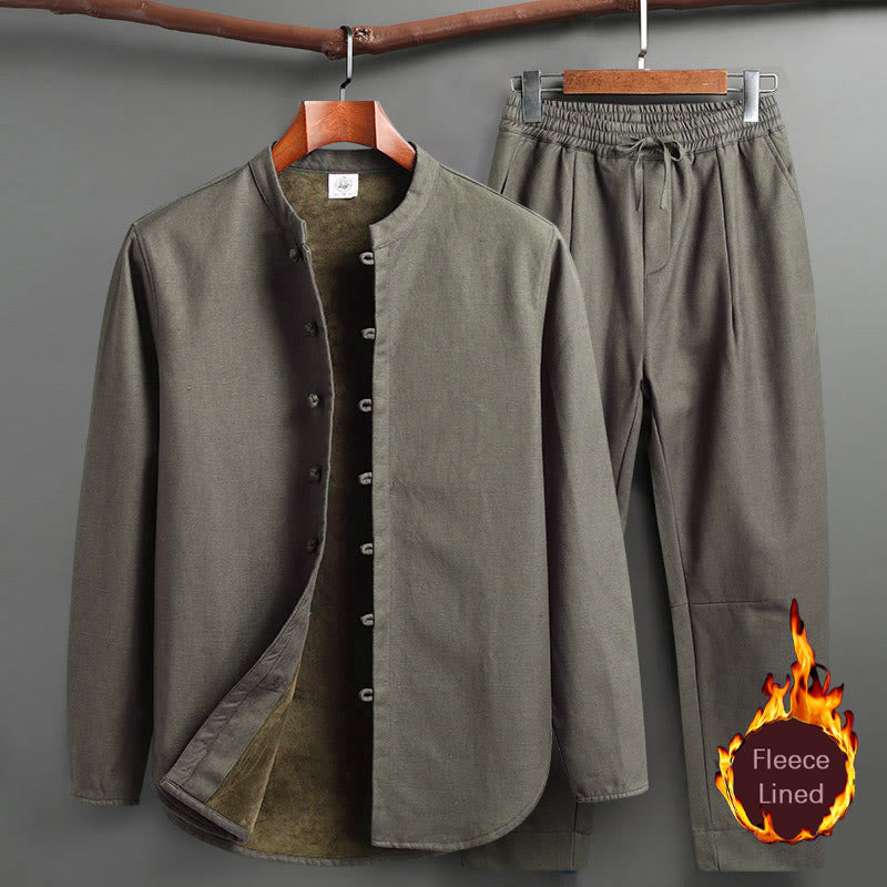 Buddha Stones Solid Tang Suit Traditional Fleece Lined Uniform Long Sleeve Top Pants Men's Set - DarkSeaGreen - Top&Pants - US/UK/AU46,EU56 (5XL) - image 13