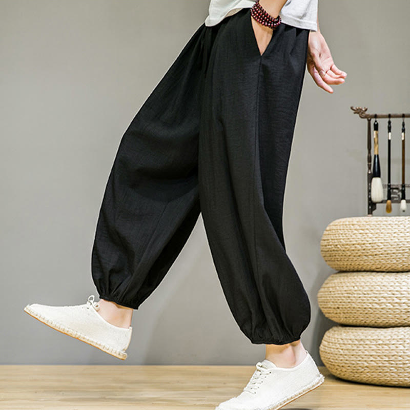 Foviel Sommer Plain Zugzug Herren Ankle-Length Baumwolle Harem Hose mit Taschen