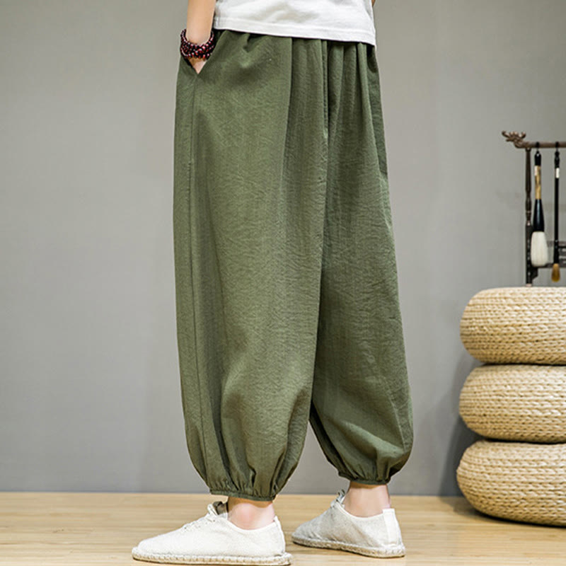 Foviel Sommer Plain Zugzug Herren Ankle-Length Baumwolle Harem Hose mit Taschen