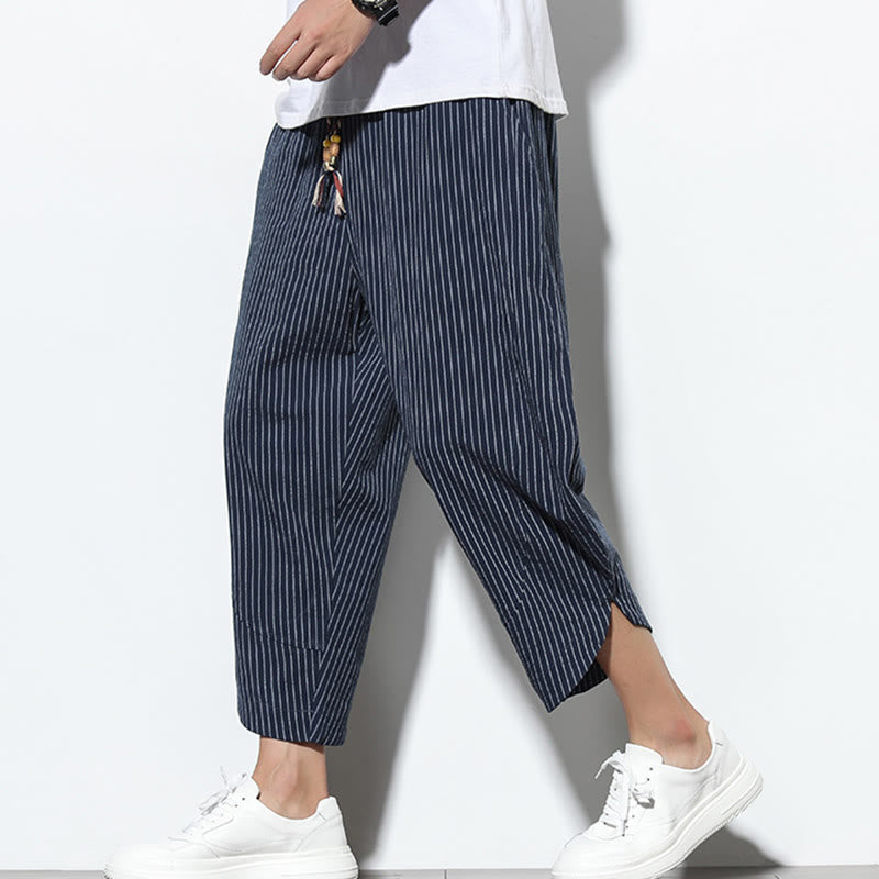 Foviel Sommer Streifen Muster Zugzug Baumwolle Leinen Herren 7-8 Länge Harem Hose mit Taschen