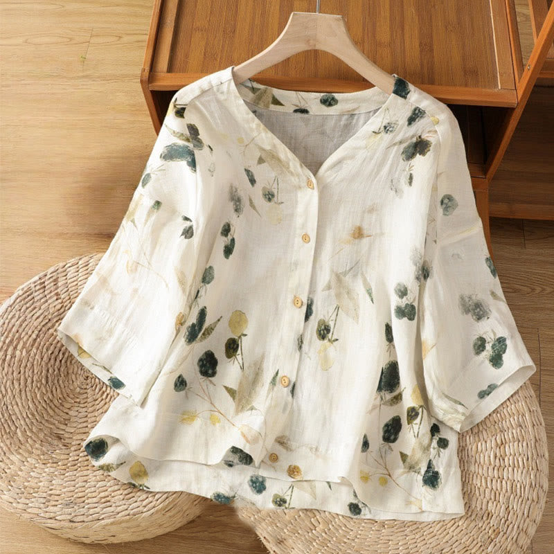 Buddha Stones Plant Printed V-neck Button Design Women's Polyester Three Quarter Sleeve Shirt - Ivory - US14,UK/AU18,EU46 (2XL) - image 0