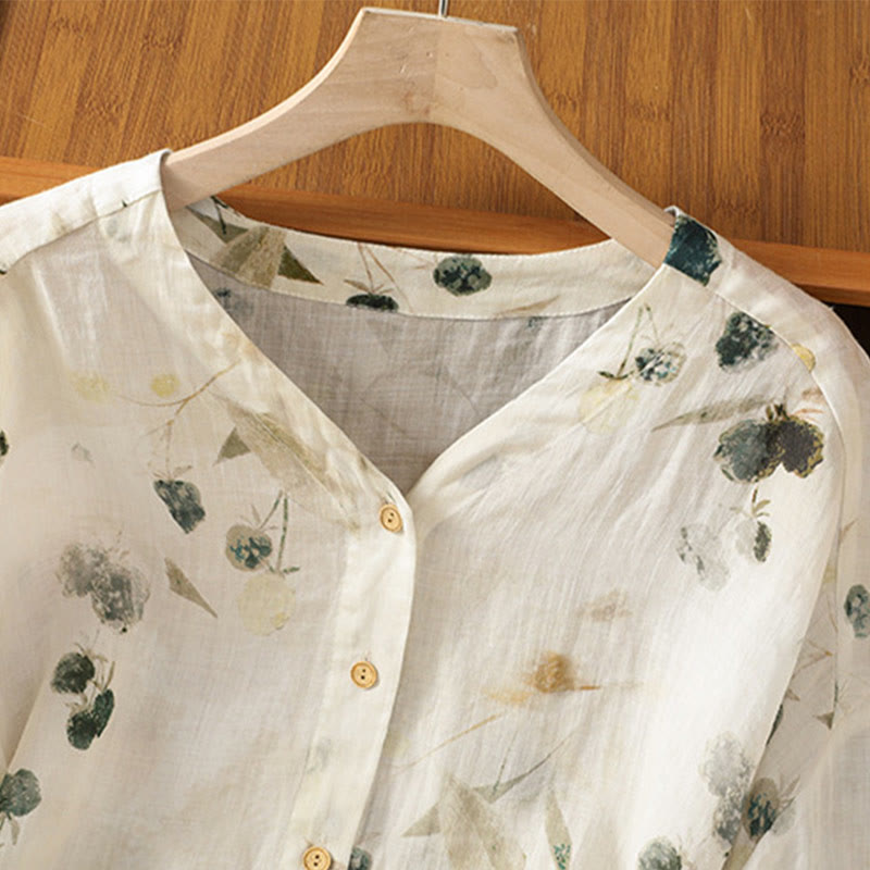 Buddha Stones Plant Printed V-neck Button Design Women's Polyester Three Quarter Sleeve Shirt - image 2