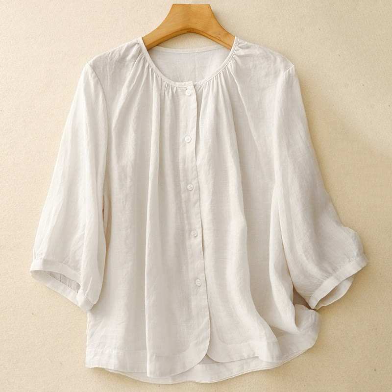 Buddha Stones Plain Button Crew Neck Design Women's Blend Three Quarter Sleeve Shirt - Snow - US12,UK/AU16,EU44 (2XL) - image 12