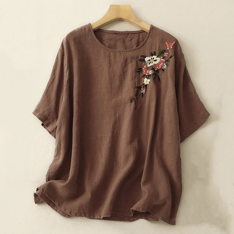 Foviel Casual Summer Embroidered Crew Neck Women's Cotton Short Sleeve T-shirt
