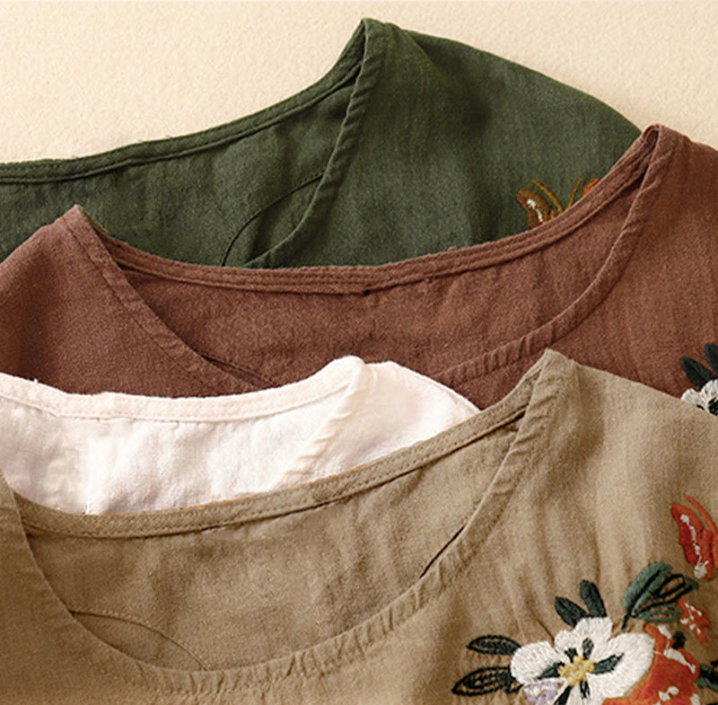 Foviel Casual Summer Embroidered Crew Neck Women's Cotton Short Sleeve T-shirt
