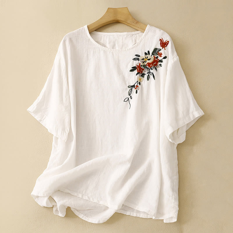 Foviel Casual Summer Embroidered Crew Neck Women's Cotton Short Sleeve T-shirt