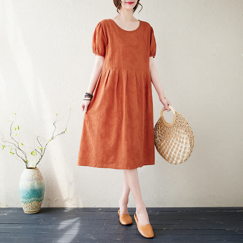 Buddha Stones Casual Solid Color Jacquard Crew Neck Short Puff Sleeve Cotton Linen Midi Dress - OrangeRed - US8-10,UK/AU12-14,EU40-42 (2XL) - image 0