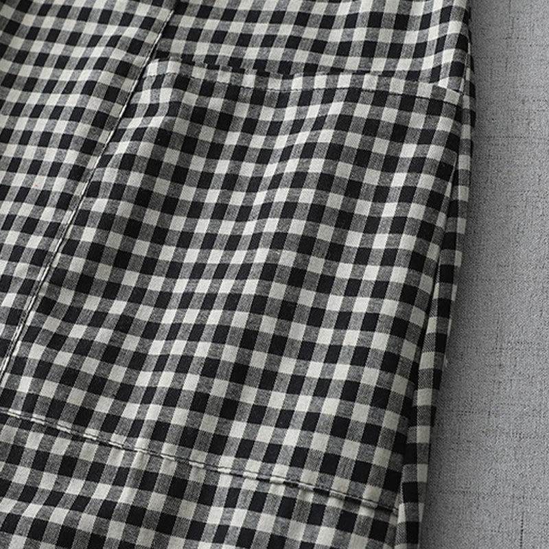 Foviel Casual Vintage Plaid Pattern Lapel Short Sleeve Midi Dress With Pockets