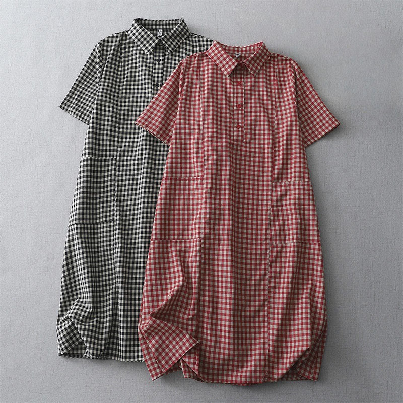 Foviel Casual Vintage Plaid Pattern Lapel Short Sleeve Midi Dress With Pockets