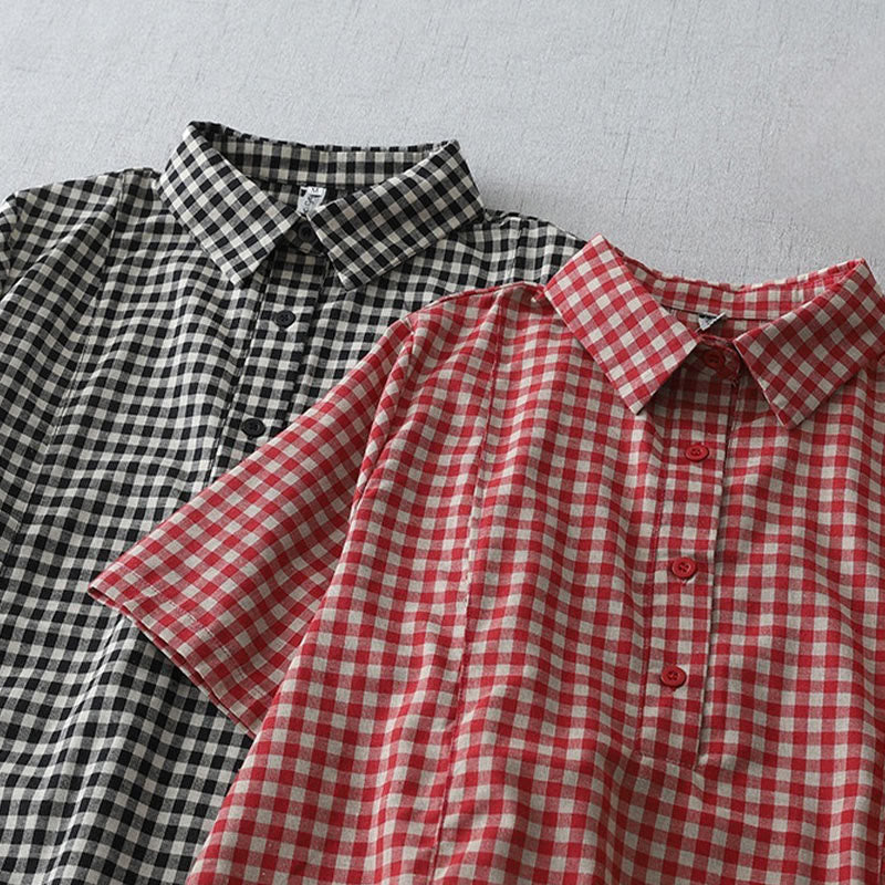 Foviel Casual Vintage Plaid Pattern Lapel Short Sleeve Midi Dress With Pockets