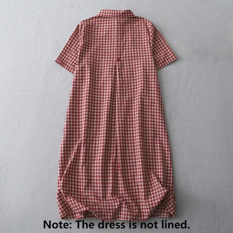 Foviel Casual Vintage Plaid Pattern Lapel Short Sleeve Midi Dress With Pockets