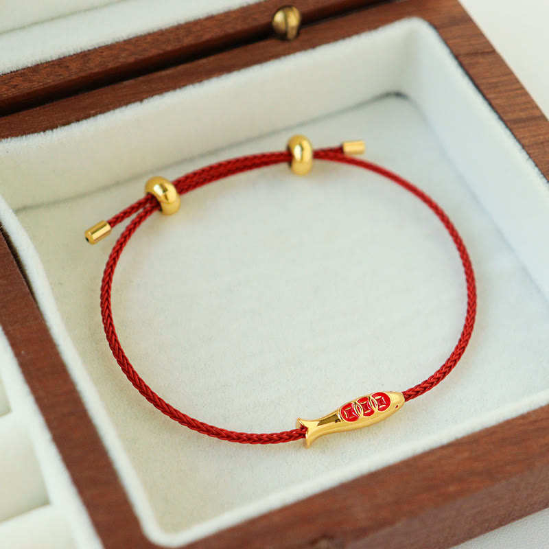 Bracelet de richesse Foviel en laiton avec cordon rouge et motif de poisson koï