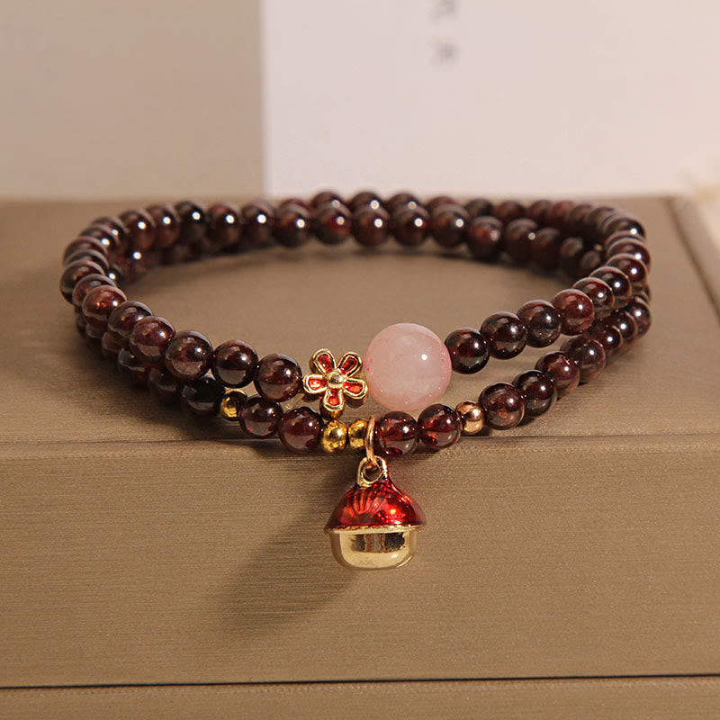 Foviel Natural 3mm Ultra-thin Garnet Rose Quartz Beads Money Bag Bell Flower Protection Bracelet