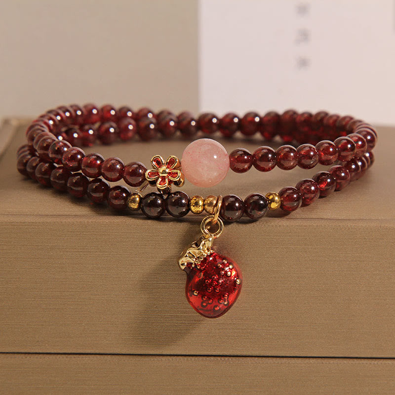 Foviel Natural 3mm Ultra-thin Garnet Rose Quartz Beads Money Bag Bell Flower Protection Bracelet