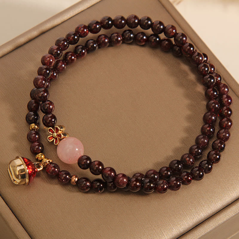 Foviel Natural 3mm Ultra-thin Garnet Rose Quartz Beads Money Bag Bell Flower Protection Bracelet